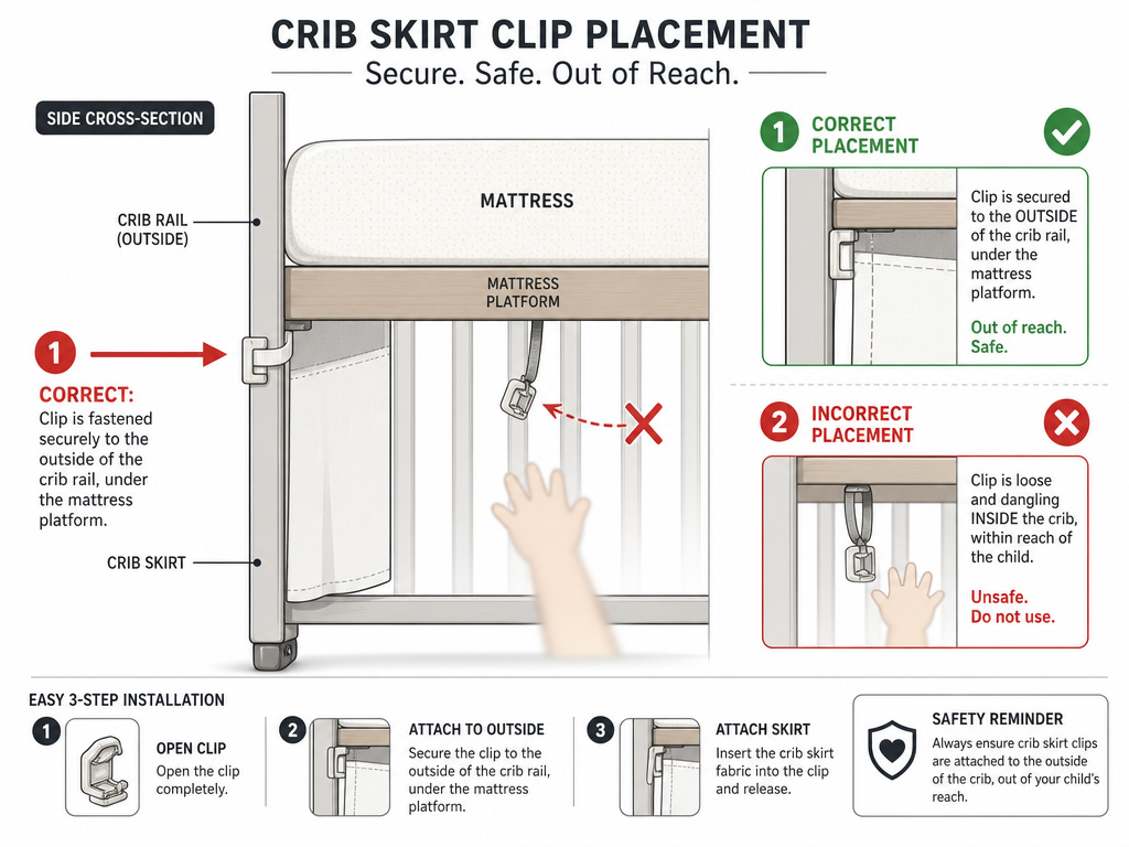 Correct and incorrect crib skirt fastener placement for toddler safety.