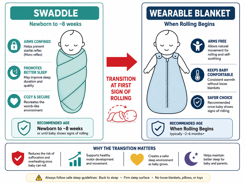 Infographic comparing infant swaddle versus wearable blanket sleep sack transition timeline.