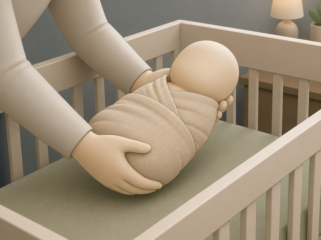 Faceless caregiver placing a larger baby into a safe crib for sleep.