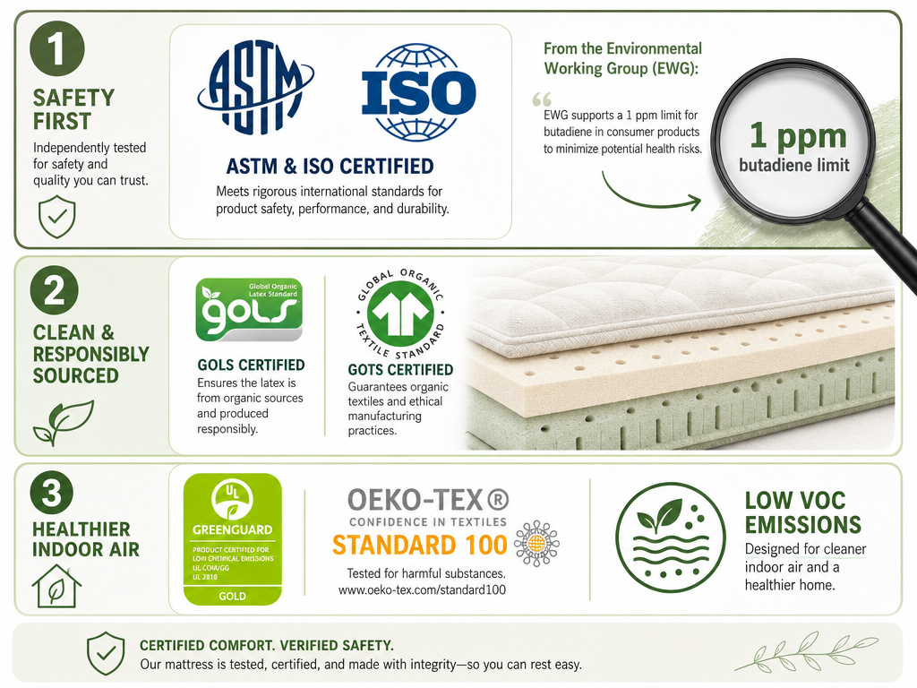 Infographic explaining GOLS, GOTS, and GreenGuard Gold certifications for baby latex mattresses.