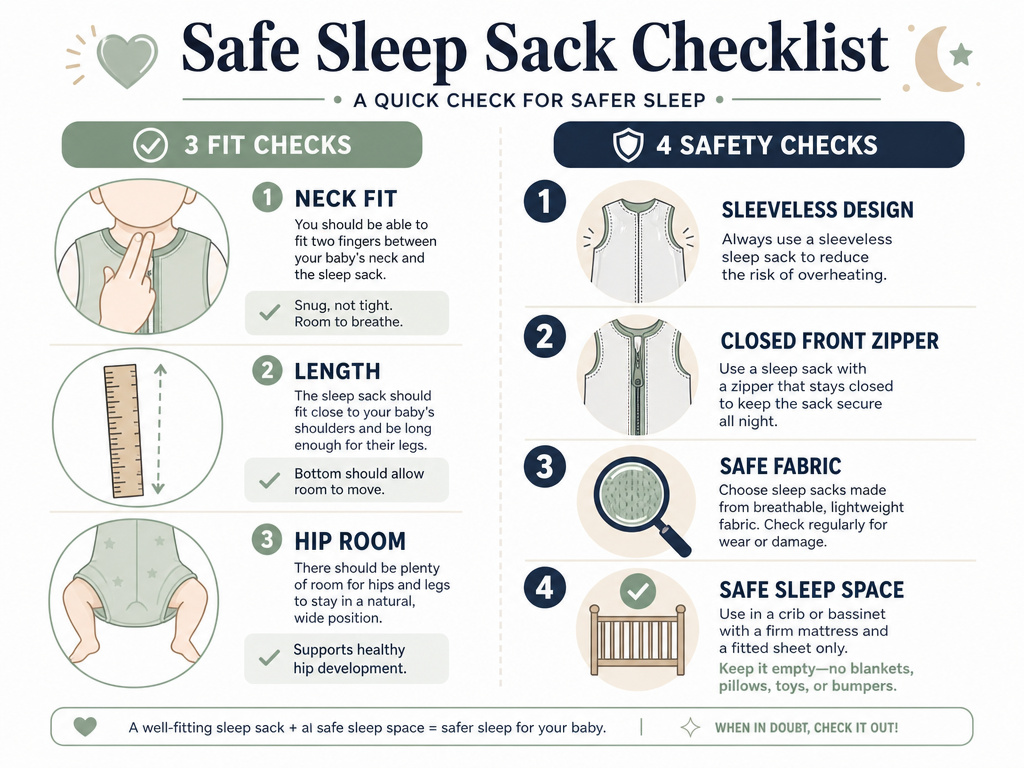 Infographic checklist for choosing and safely using a baby sleep sack.