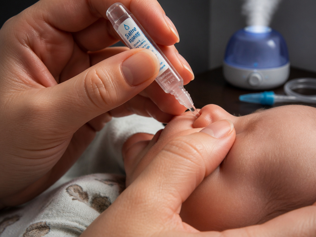 Parent using saline drops and tools to help a congested infant sleep better.