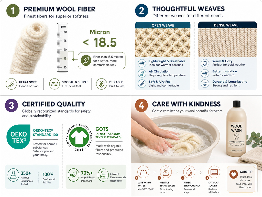 Infographic checklist for choosing a safe, high-quality wool baby blanket.