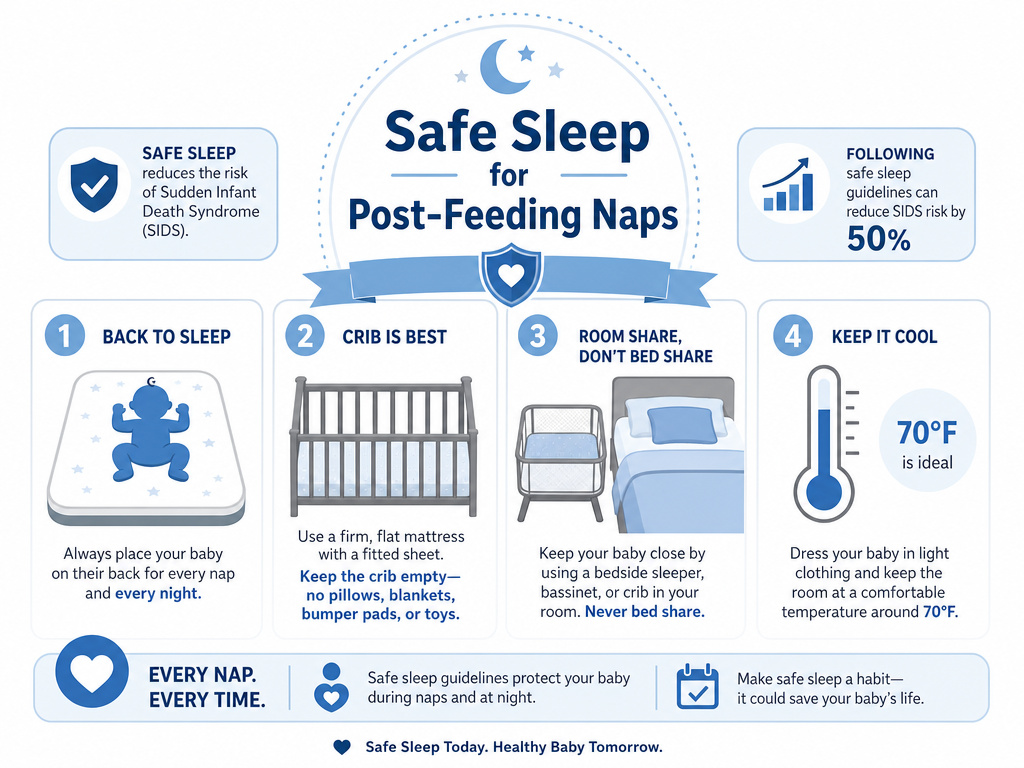 Infographic of AAP safe sleep guidelines for a newborn sleeping after feeding