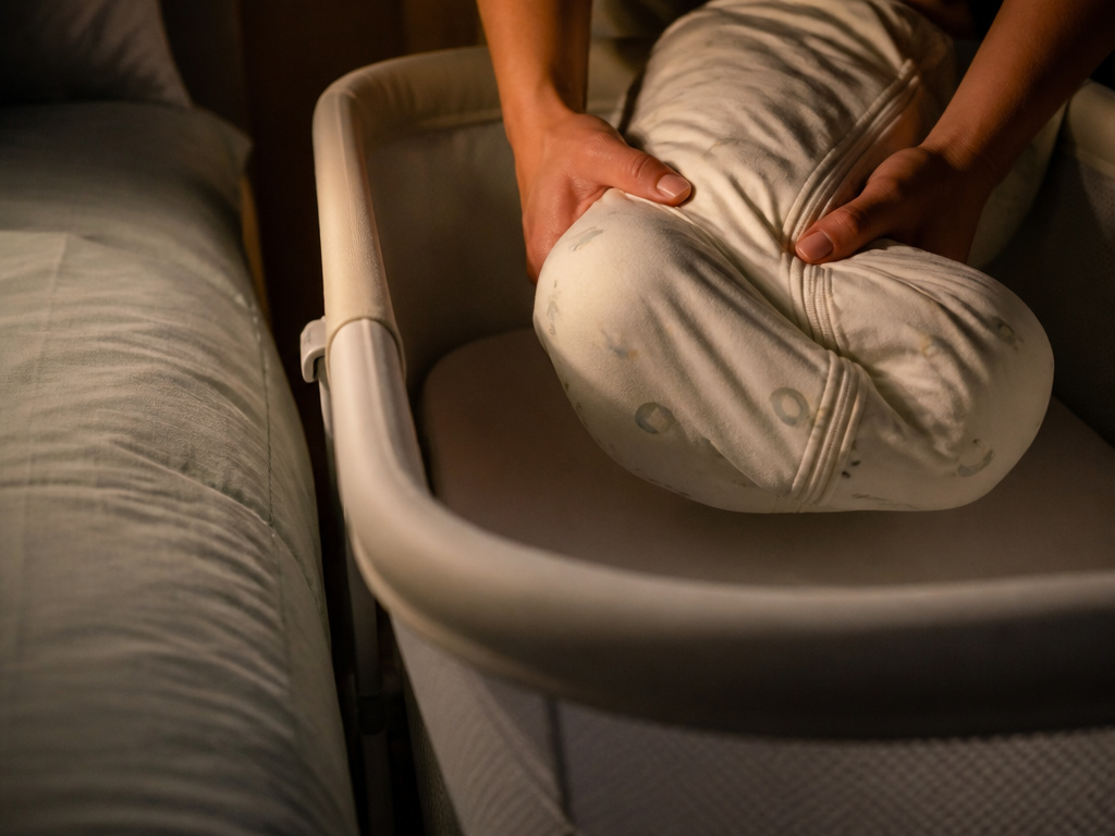 Newborn in a sleep sack being placed in a dimly lit bassinet for gas relief and sleep.