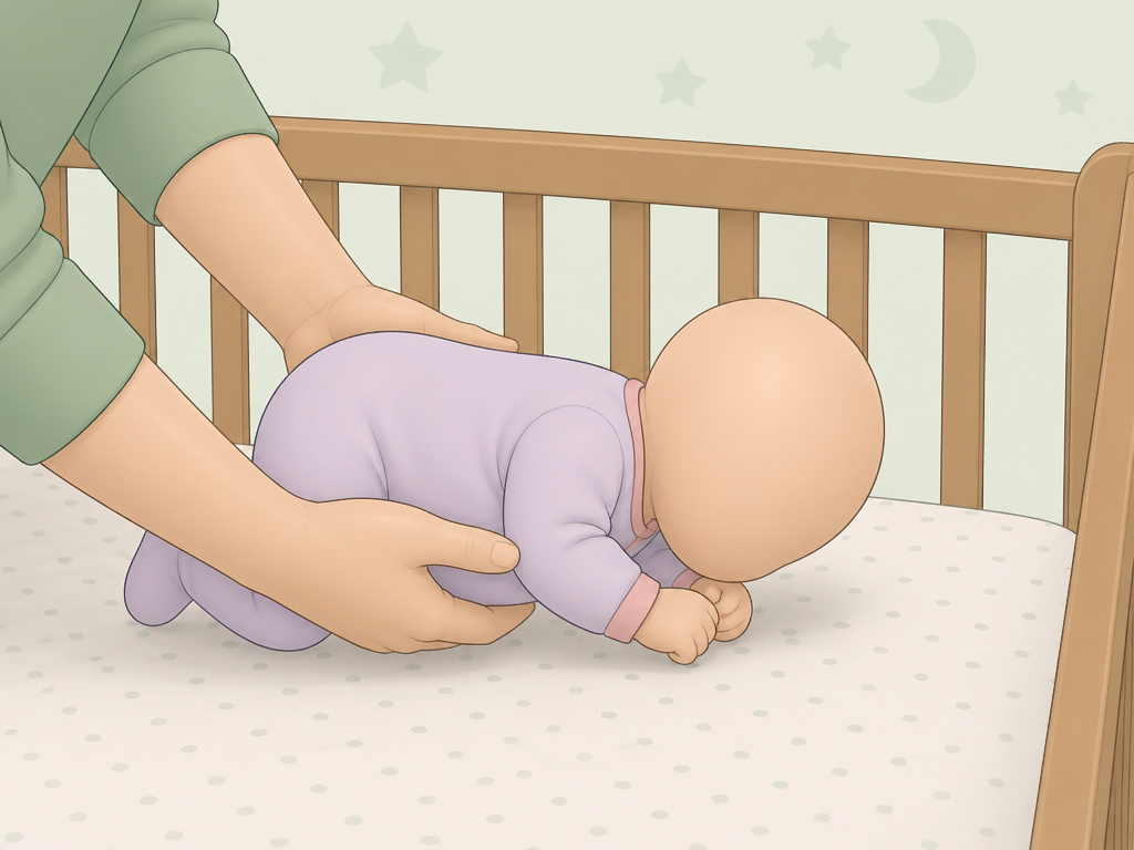Parent's hands placing a sleeping baby into a crib for a daytime nap.
