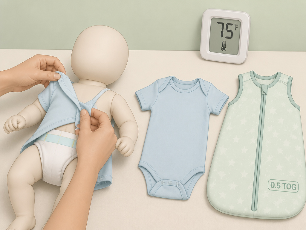 Baby sleep layering guide for a 75-degree room, showing diaper, onesie, and sleep sack.