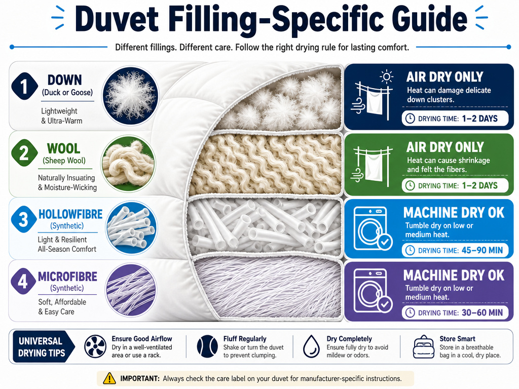 Guide to drying duvets based on down, wool, or synthetic filling type.