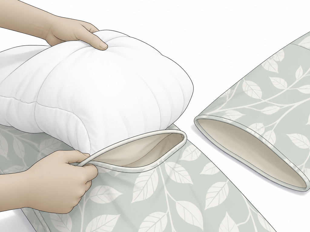 Diagram showing a duvet insert being placed inside a duvet cover shell.
