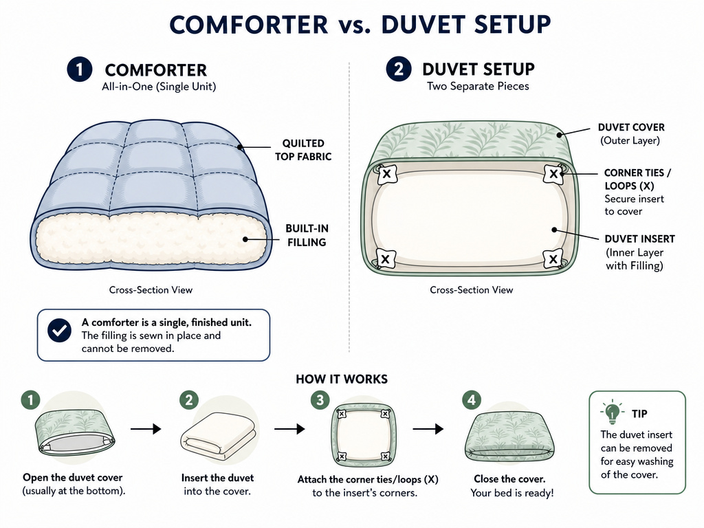 Diagram comparing a finished comforter versus a duvet insert inside a cover.