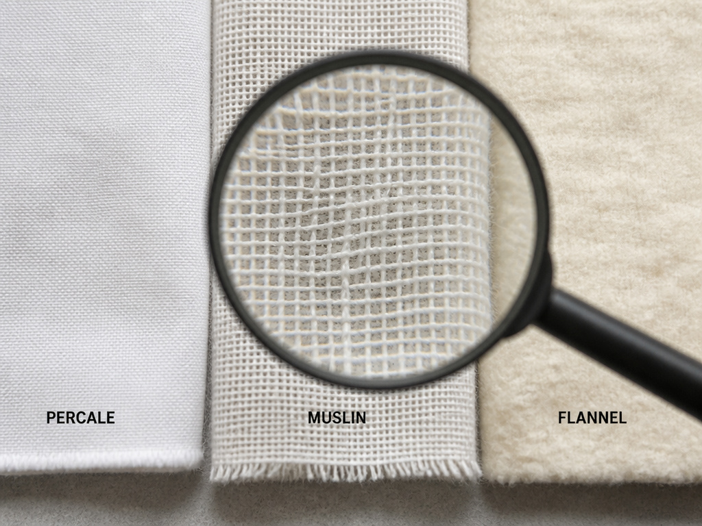 Close-up comparison of tight percale, open muslin, and brushed flannel weaves for baby blankets.