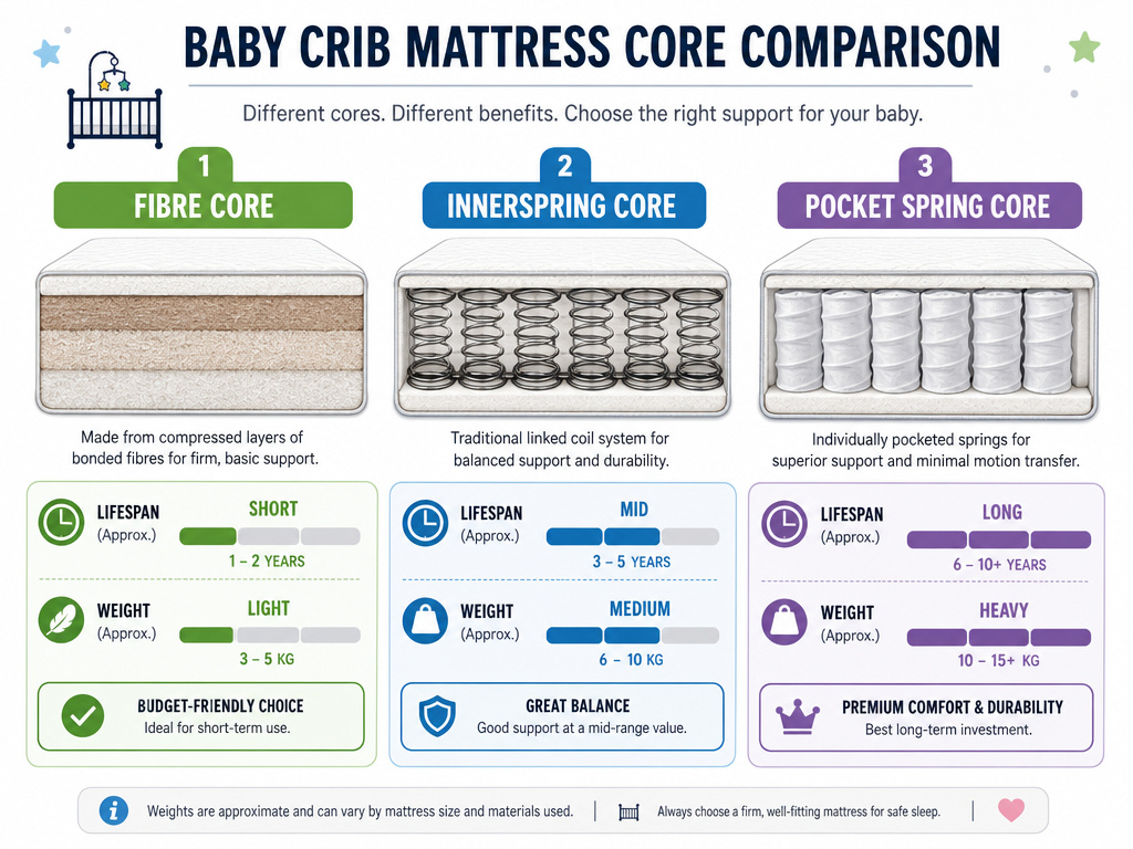 Infographic comparing durability and weight of fibre, innerspring, and pocket sprung crib mattresses.