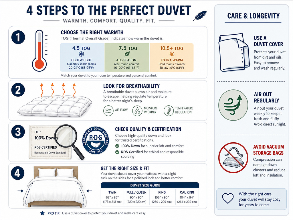 Infographic on how to choose a duvet by TOG rating, breathability, labels, and size.