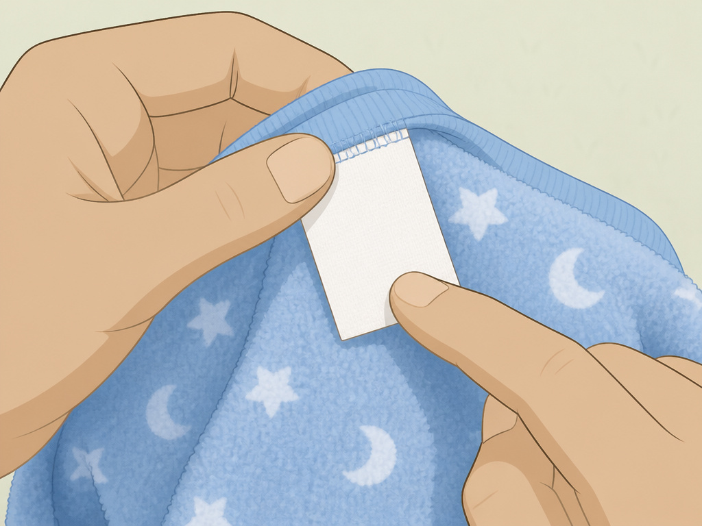 Close-up of adult hands checking the safety label on infant fleece pajamas.