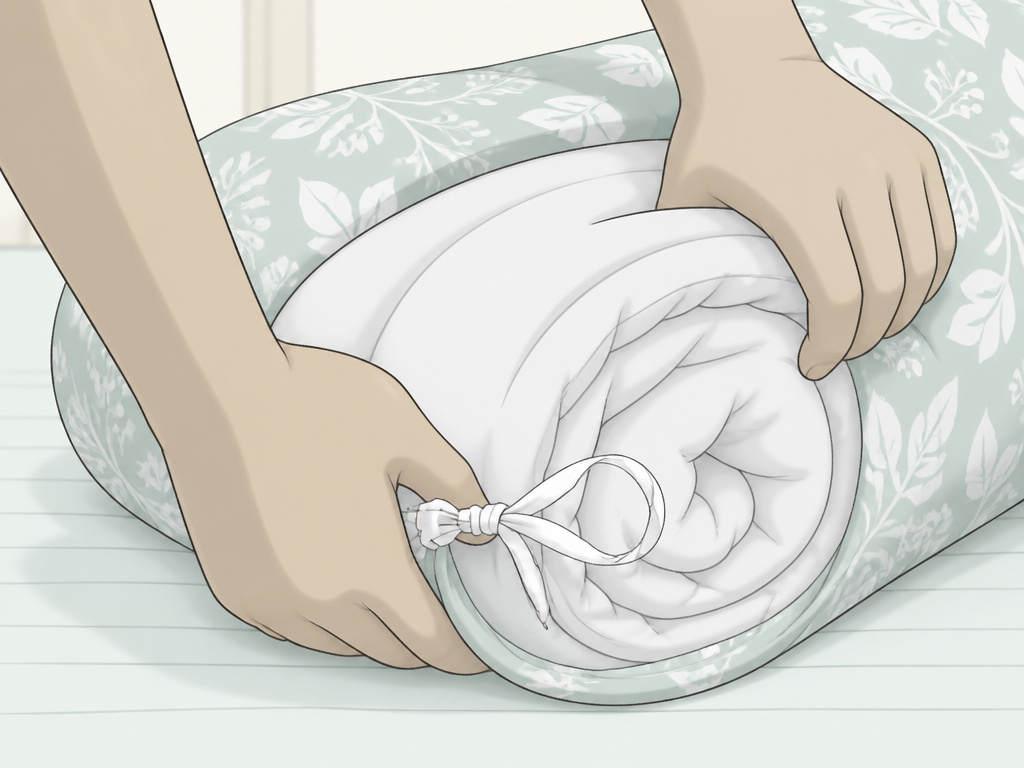 Cartoon diagram of hands rolling a duvet insert into a cover using the burrito method.