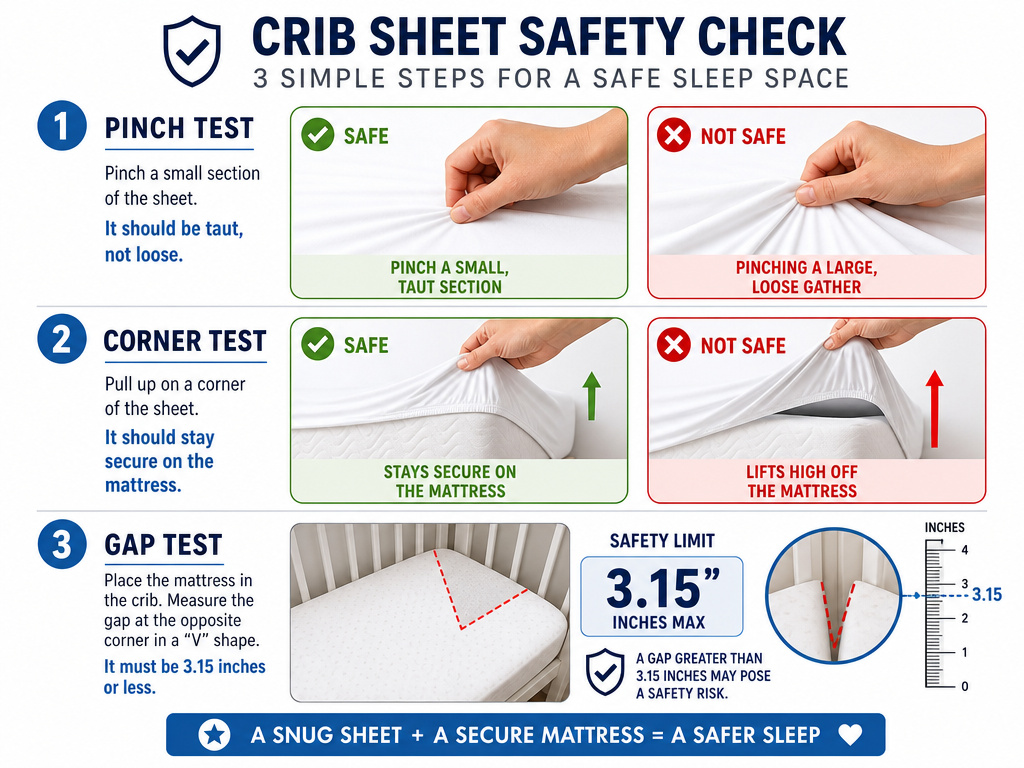 Three-step infographic for testing crib sheet safety and fit for a newborn.