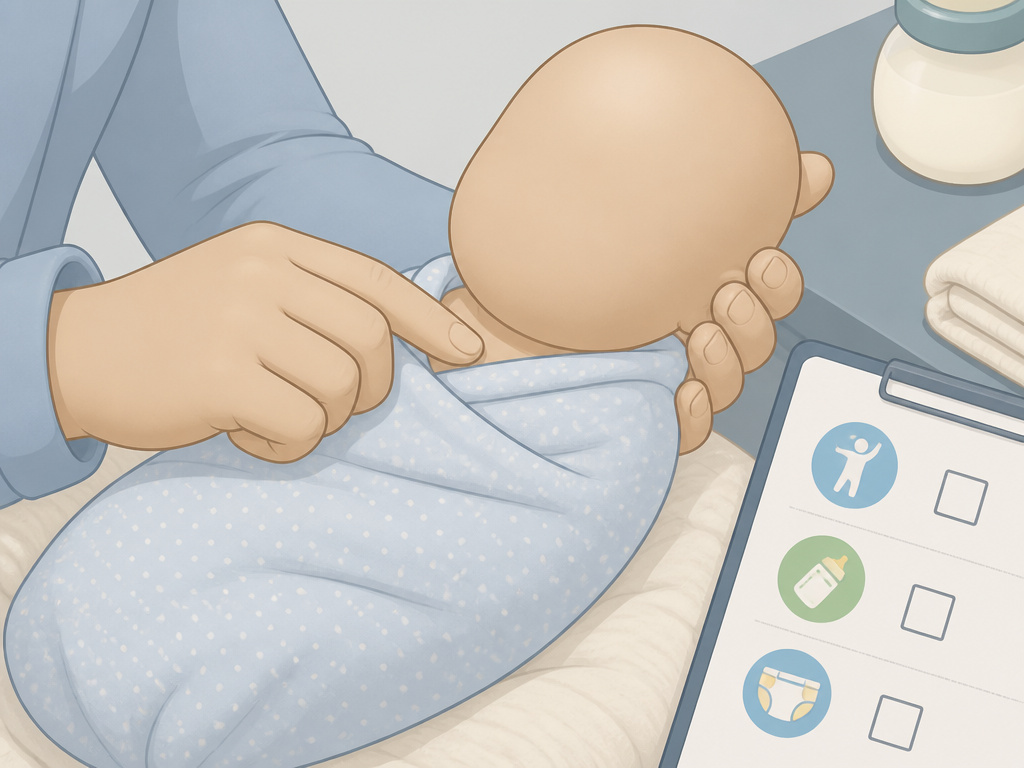 Newborn sleeping deeply after feeding with checklist for lethargy symptoms.