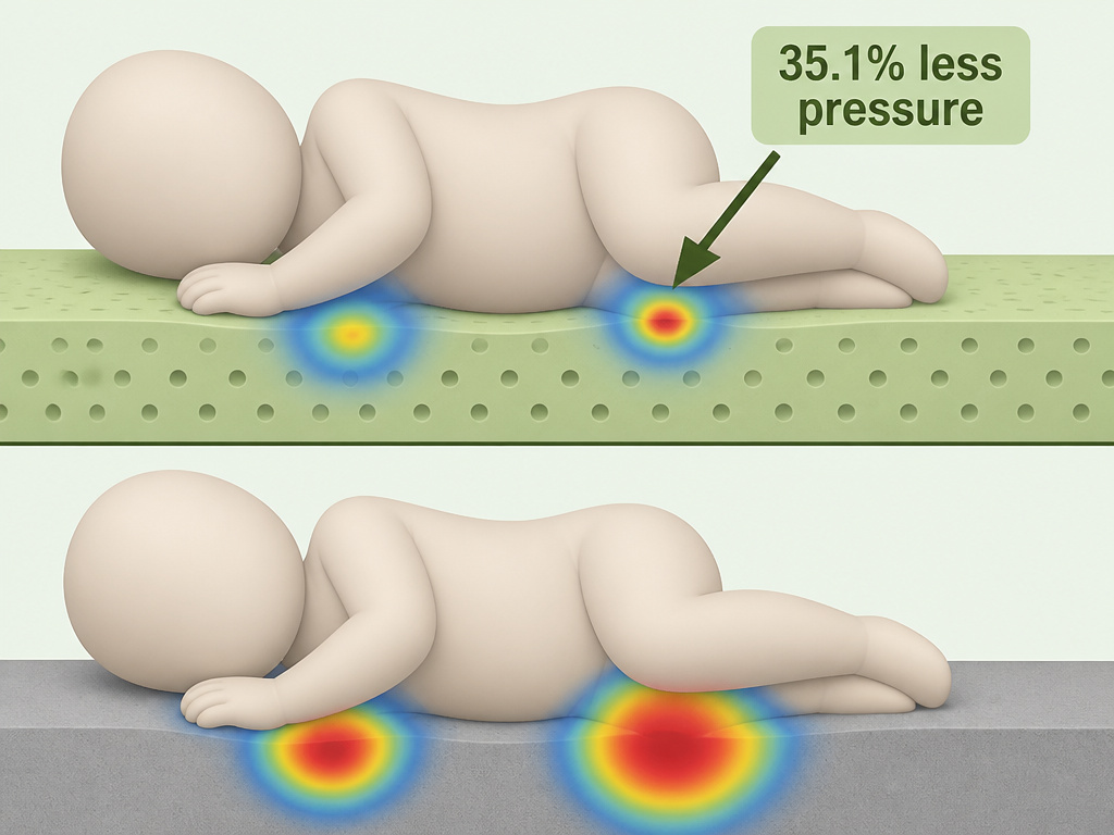 Diagram comparing infant pressure distribution on latex versus polyurethane foam mattresses.