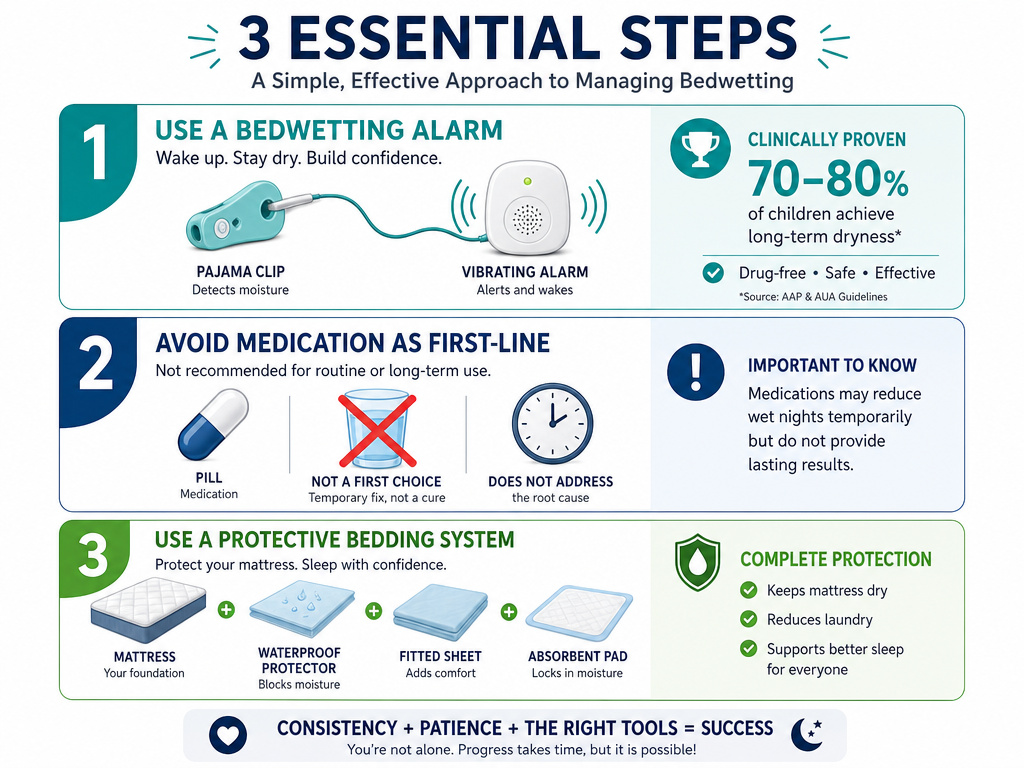 Managing bedwetting with alarms, medication safety, and protective bedding layers.