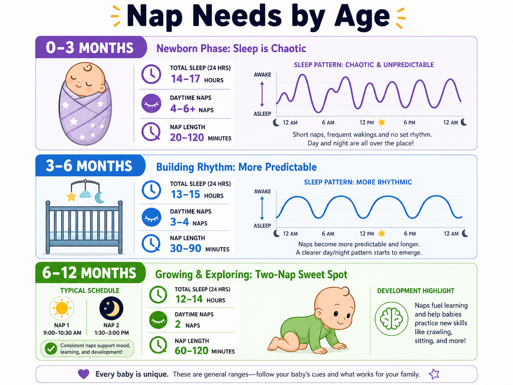Infographic comparing infant nap schedules and needs from newborn to 12 months.