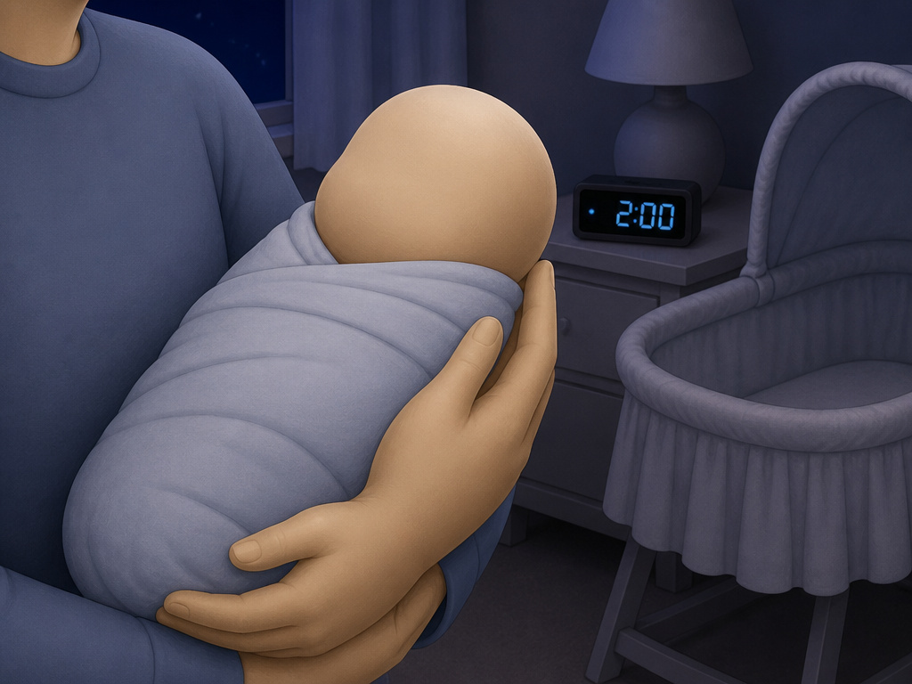 Parent performing a safe, dimly lit night feeding with a newborn baby.