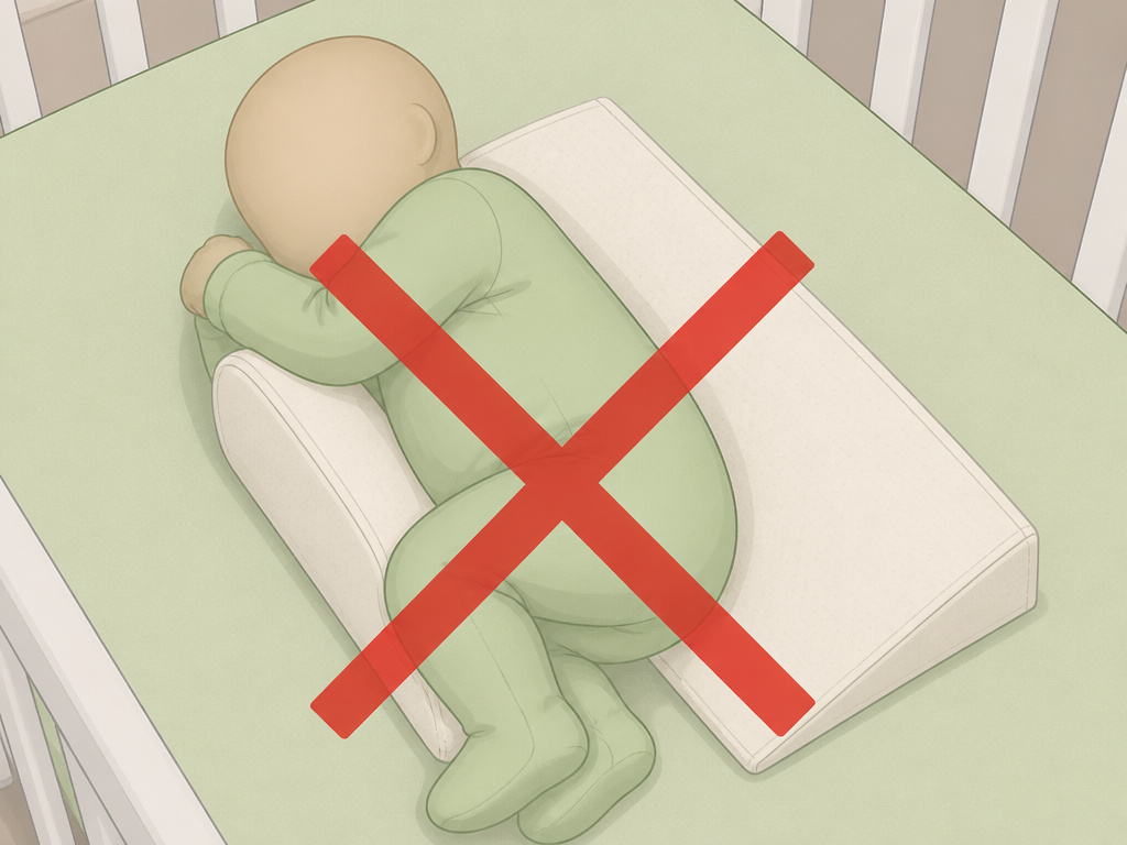 Unsafe side-sleeping newborn with a prohibited sleep positioner wedge.