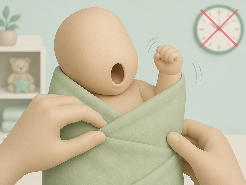 Cartoon diagram of a yawning newborn showing sleepy cues for swaddling.