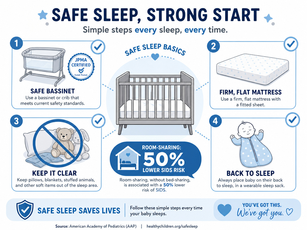 Infographic checklist for a safe infant sleep environment to support healthy bedtime.