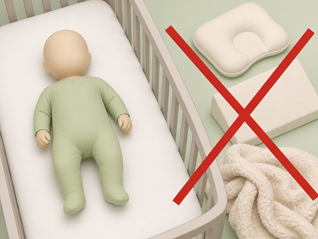 Safe sleep diagram showing prohibited items for preventing baby flat head syndrome.