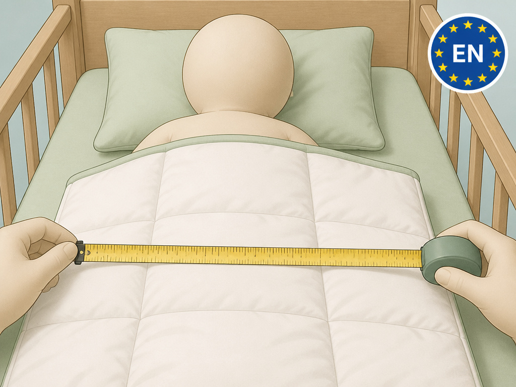 Safety standards for a child's duvet on a toddler bed with measuring tape.