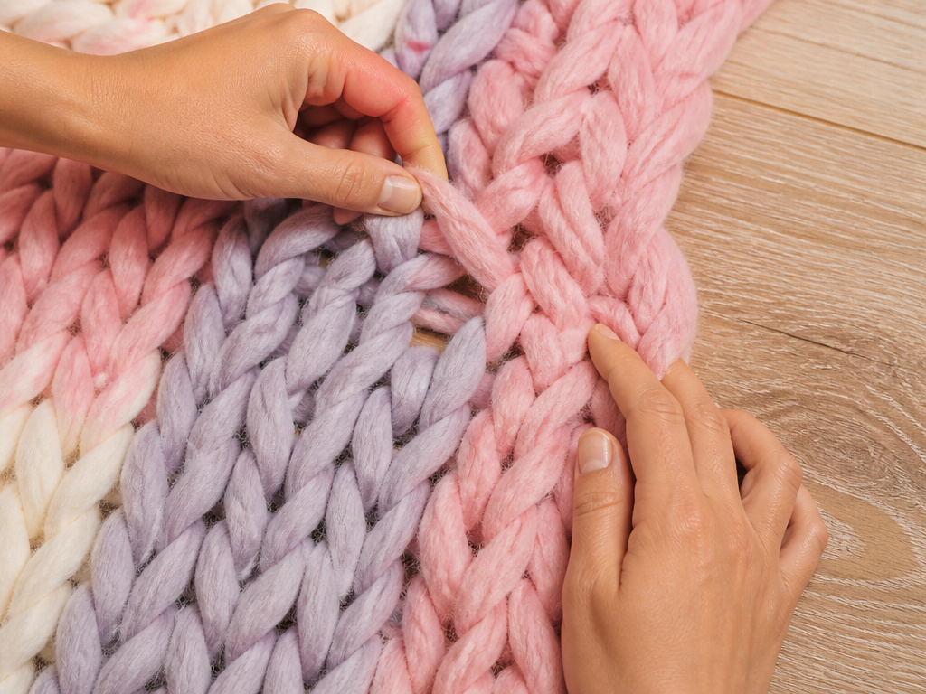 Hands shaping and fixing a loose arm-knitted baby blanket on the floor.
