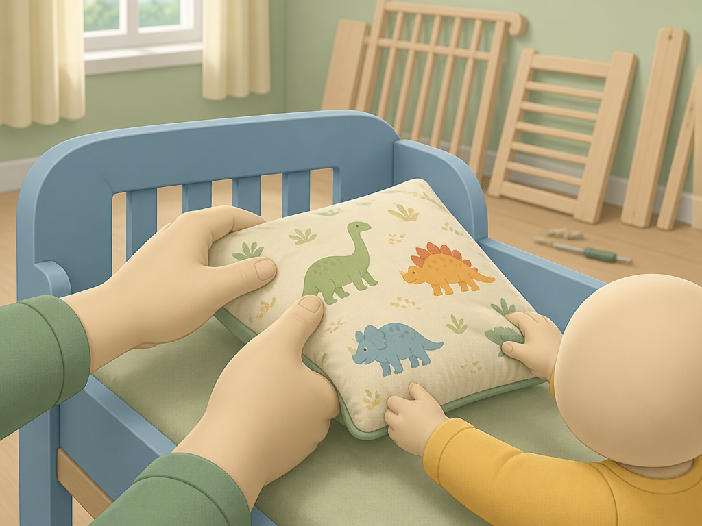 Parent and toddler setting up a new big kid bed during the transition from crib.