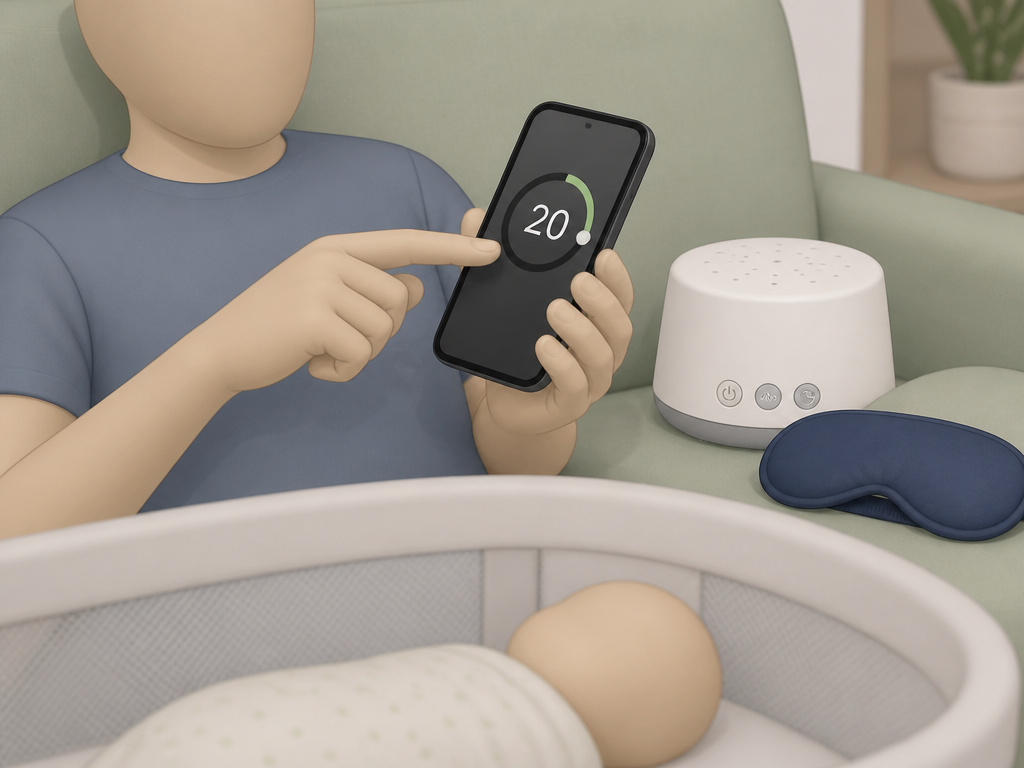 Parent setting a timer for a strategic power nap while newborn sleeps nearby.