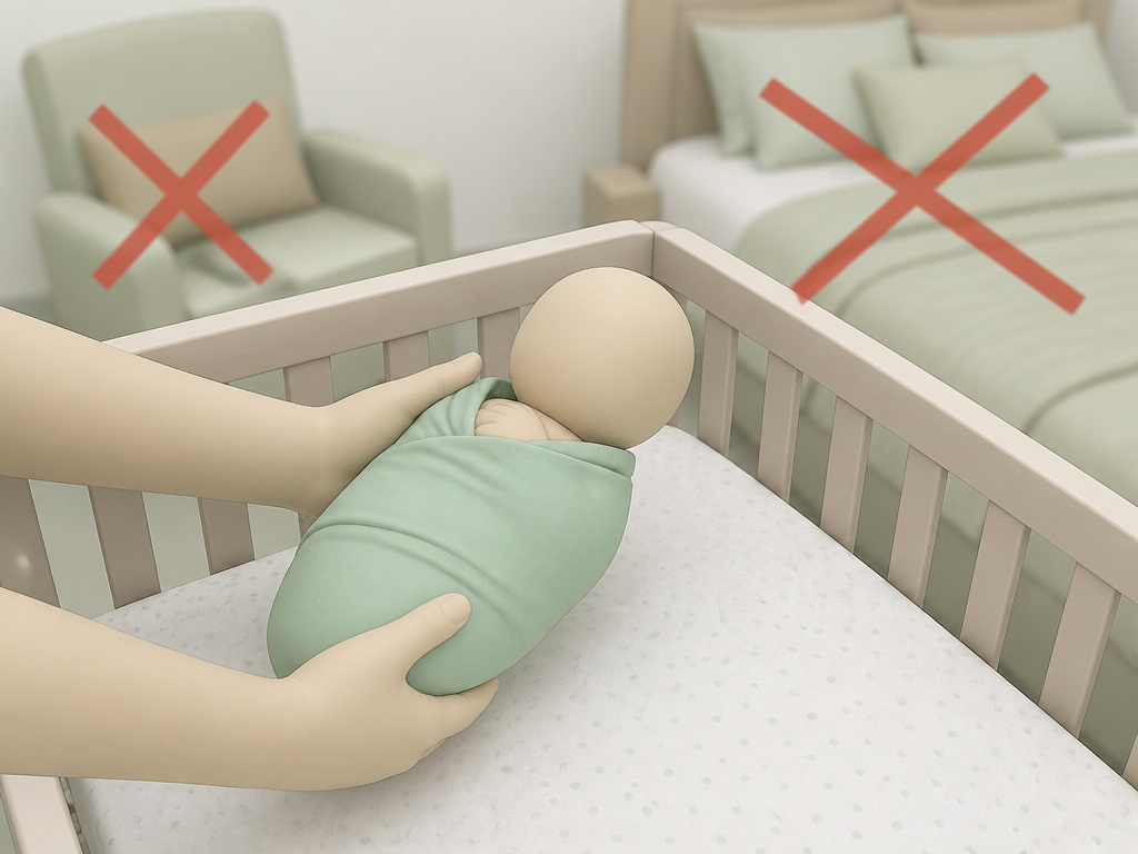 Sleep-deprived parent placing newborn in safe crib, avoiding risky sofa and bed.