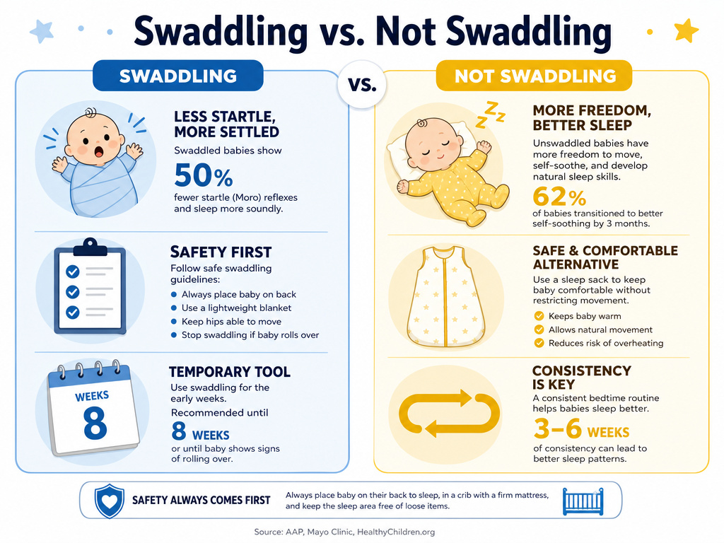 Decision matrix comparing when to swaddle a newborn versus when to skip it