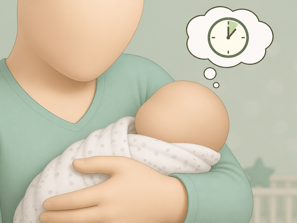 Newborn baby awake and swaddled, thinking about hunger and time.