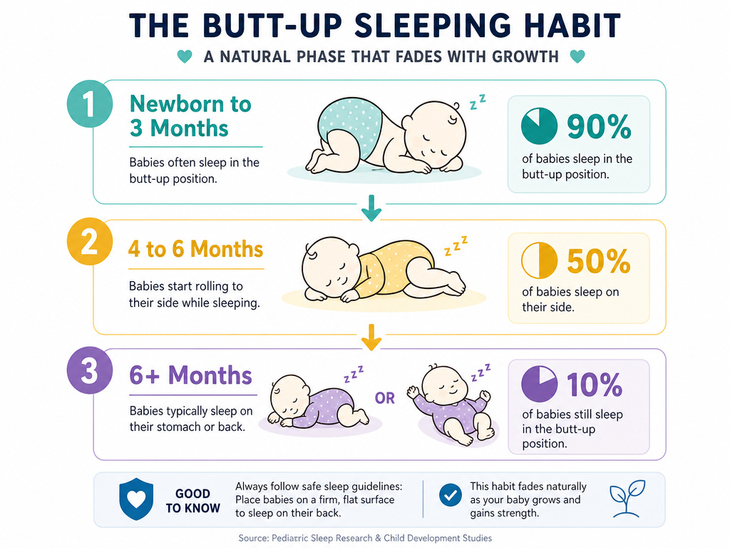 Developmental timeline infographic showing when babies stop sleeping with their butt up.