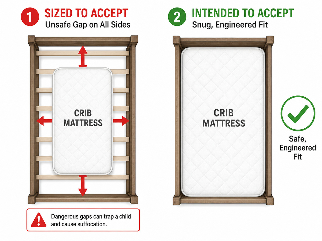 Diagram comparing unsafe mattress gap in twin bed versus safe fit in toddler bed.