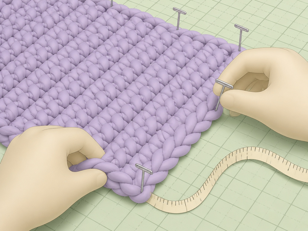 Hands blocking a damp, arm-knitted baby blanket on a mat with pins