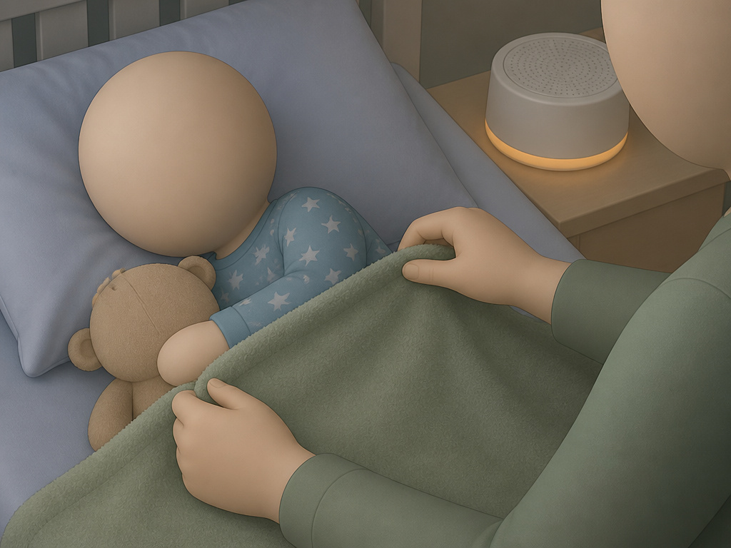 Parent tucking a drowsy toddler into bed as part of a calming bedtime routine.