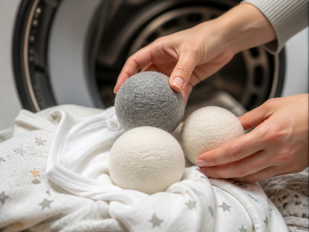 Wool dryer balls being added to baby laundry to replace dryer sheets.