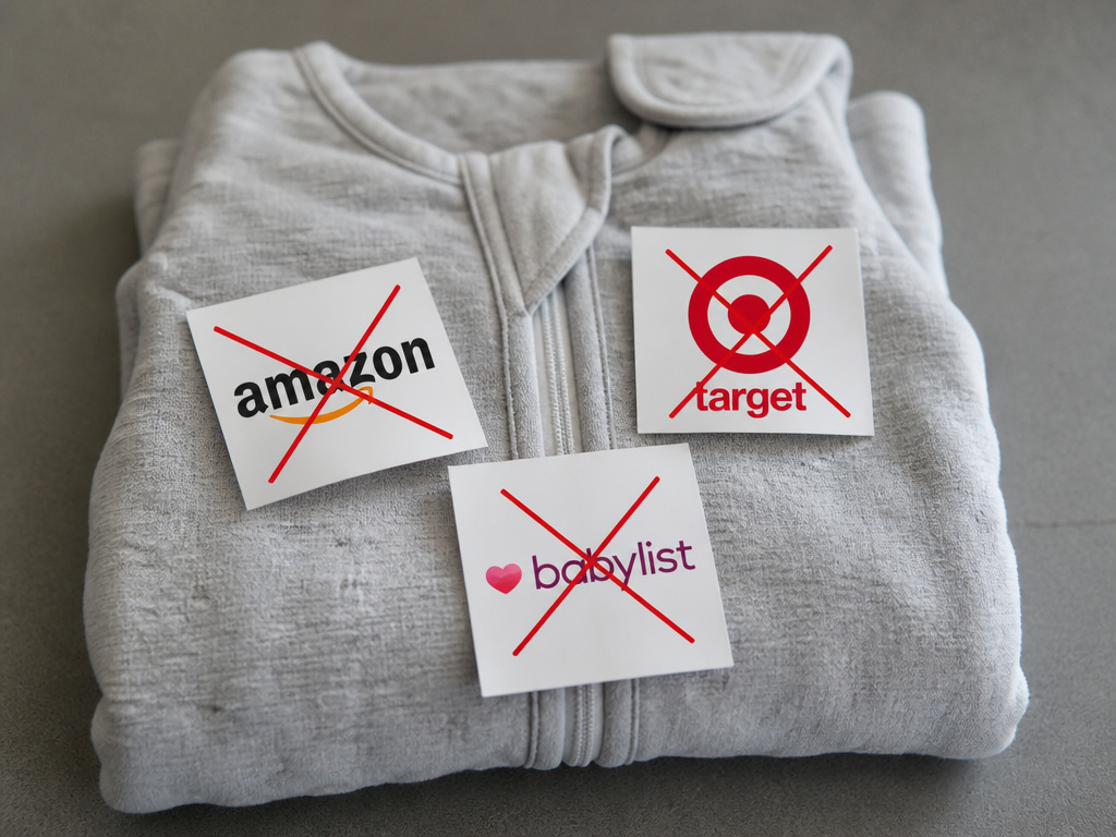 Weighted sleep sack with retailer logos from Amazon, Target, Babylist crossed out