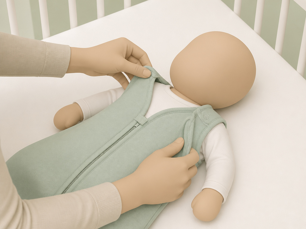 Safe sleep practice showing a baby in a wearable blanket, no loose bedding in crib