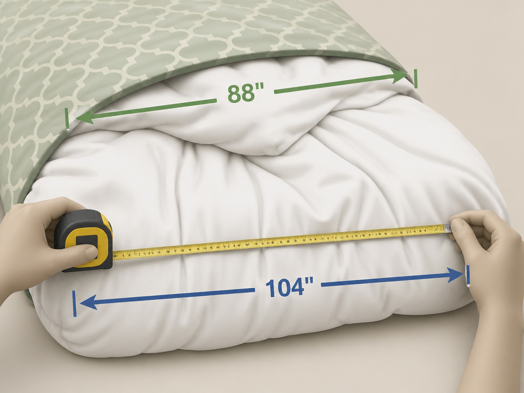 Measuring a too-large king comforter against a queen duvet cover.