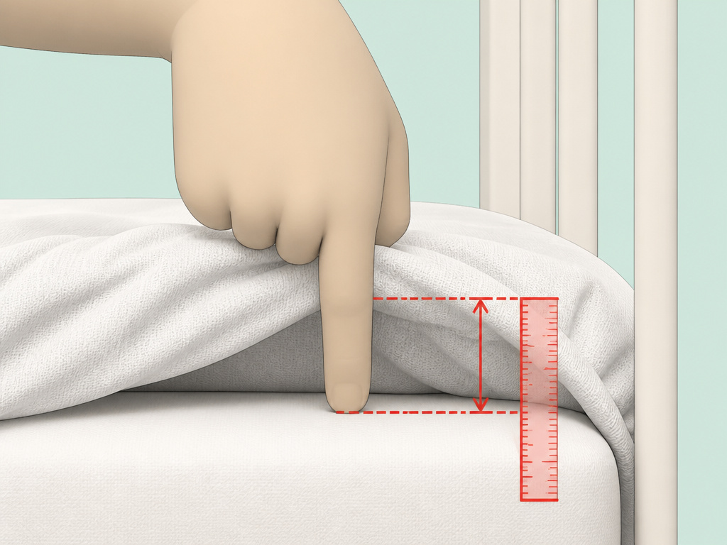 Close-up diagram showing unsafe gap between newborn crib mattress and loose protector.