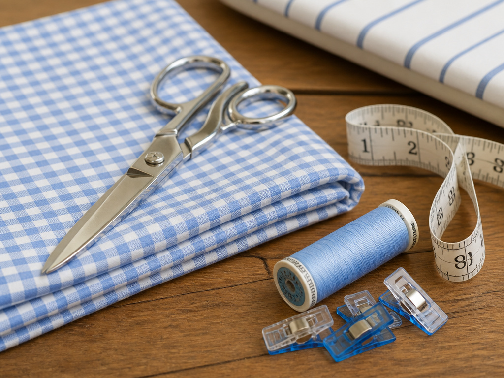Essential tools and fabric for sewing a DIY crib skirt