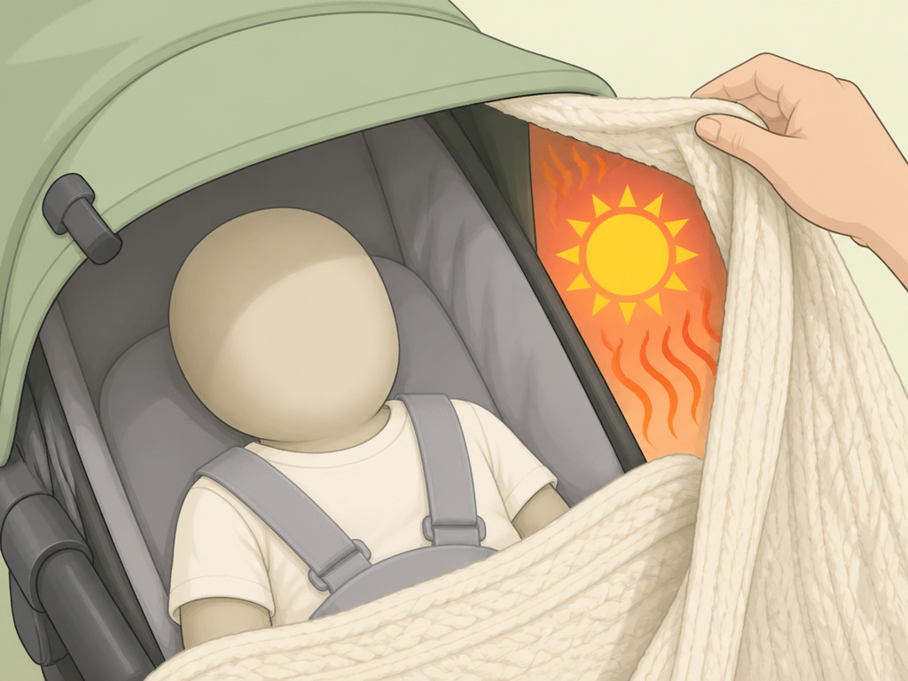Safe clip-on sunshade versus dangerous blanket covering a baby stroller in heat