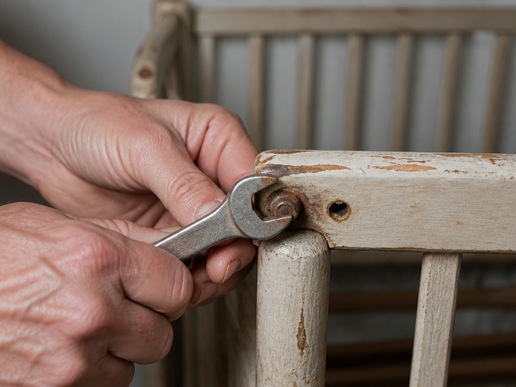 Close-up of worn hardware being tightened on an old crib for safety inspection.