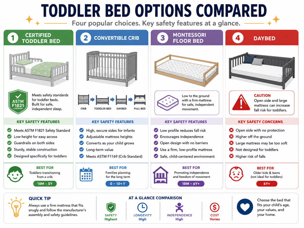 Comparison chart of toddler bed safety standards versus crib, floor bed, and twin bed.