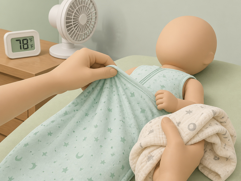 Adjusting baby's sleep layers and using a fan in a warm nursery.